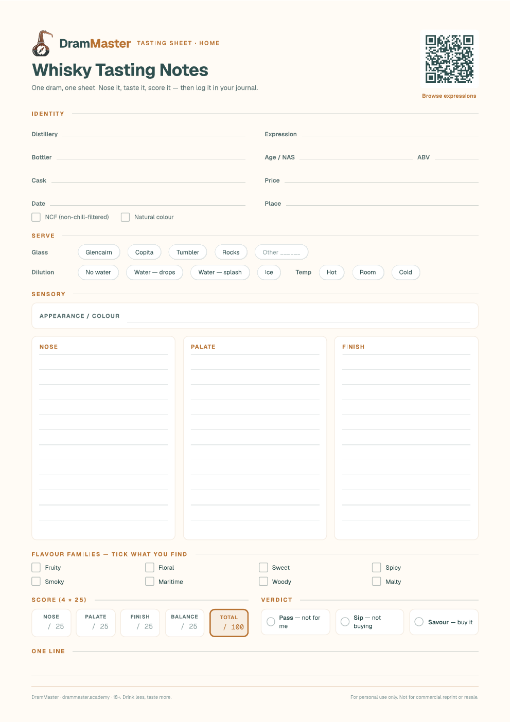 Preview of the DramMaster whisky tasting sheet